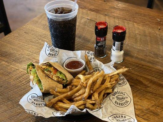 Buffalo chicken wrap, with fries.