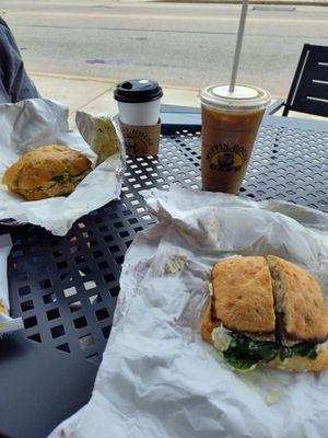 Turkey pesto sandwich and Sarah's skinny on faccaccio spinach subbed for kale. Hot and iced coffee