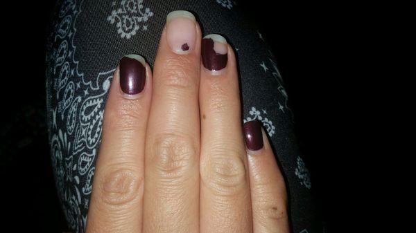 2 day old manicure. Middle finger peeled off like a sticker.