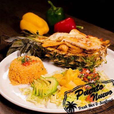 Piña Loca -All three amigos, shrimp, fish, and scallops grilled with fresh bell peppers, onions, and mushrooms.