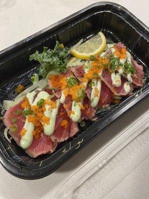 Spicy Pepper Tuna Tataki - sooo yummy, even as takeout!! Comes with a ponzu sauce