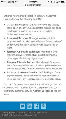 Here is a photo of the corporate LAZ parking policies.  Describing the offered customer service! Yeah right!