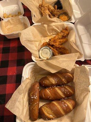 Chicken tenders, pretzels and tater tots