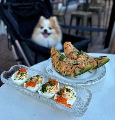 Deviled Eggs w/ crab fat mayo, smoked trout roe ($15) + Charentais Melon w/ iberico lardo, ssamjang crème fraîche, marigolds ($14)