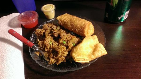 Beef fried rice, egg roll, and crab ragoon. You get way more food than what's on this plate from a small portion!