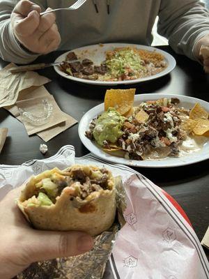 Meat burrito, carne asada nachos and the carne asada meat plate