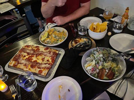 Large reg pepperoni pizza, southwest salad, Cobb salad, queso skillet app - all fantastic