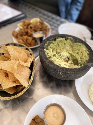 Guacamole and chips I also had a beef empanada that you can't really see and my friends enjoyed the fried calamari.