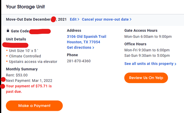 Public Storage charging me for reservation cancelled months ago - note the December move-out date.