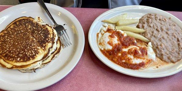 Huevos Rancheros, Beans, and fries. Pancakes were an added item we ordered.