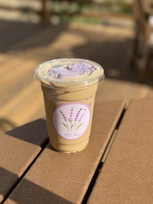 Iced Lavender Latte with oatmilk and added their lavender cream top!