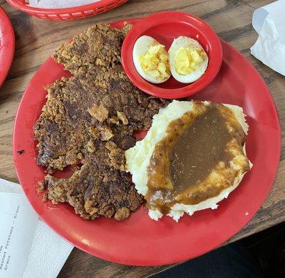 Chicken livers (pan fried), mashed potatoes, deviled eggs