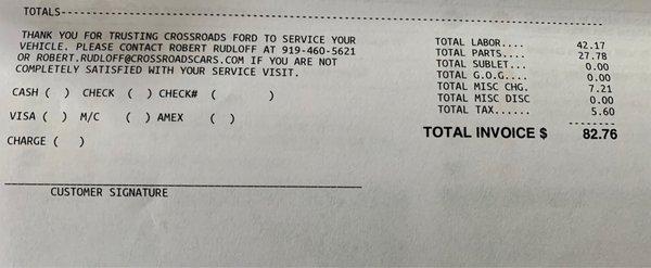 The cost of oil change and tire rotation at Quicklane.