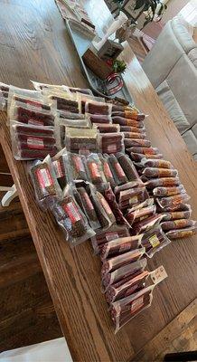 Deer sausage, deer brats, deer meat sticks, sweet peppered bologna