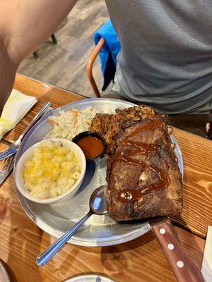 Devil's Friend with Ribs and Pulled Pork and sides of Mac-n-Cheese and Coleslaw.