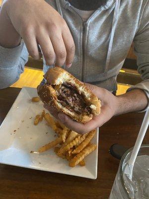 Fries and very- well done burger