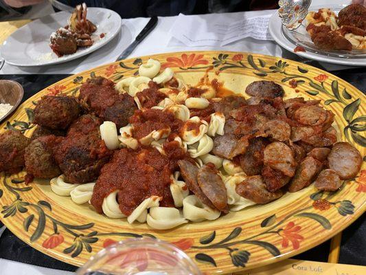 Meatballs sausage and pasta! Delicious!