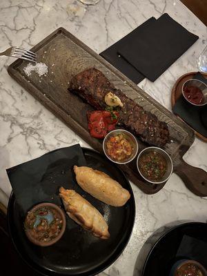 Skirt stake accompanied with chimichurri sauce And empanadas de choclo (corn) - Argentina style