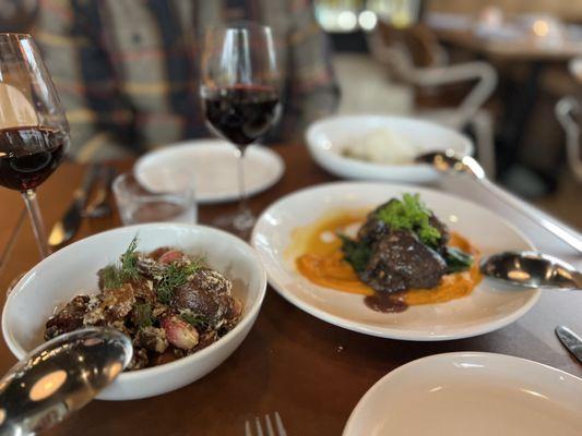 Marbled potatoes, slow braised beef cheeks, Parisian gnocchi (covered in parm there in the back).