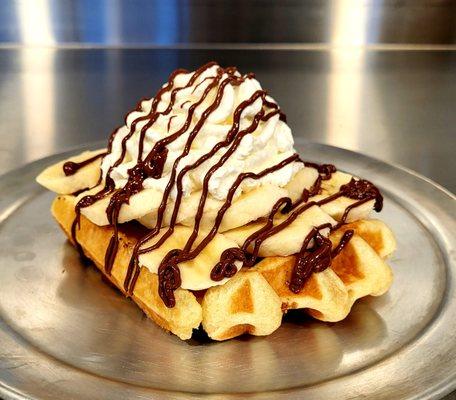 Oostende: Belgian "Liege" Wafel with Banana, Nutella and Whipped Cream.