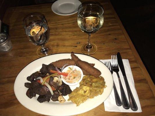 Fritay Platter: Tassot (fried goat) with Akra and fried plantains   Riesling wine