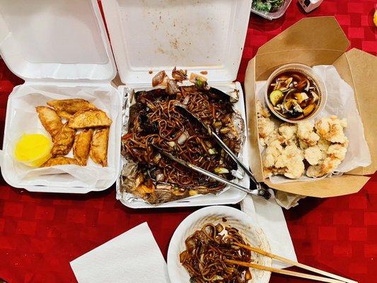 Gukmandu Fried pork dumplings, yellow pickled radish, Jaeng-Ban Jajjang spicy seafood noodles, Tangsuyuk crispy pork & sweet & sour sauce.