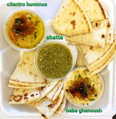 Mezze Trio-cilantro hummus, shatta and baba ghanoush