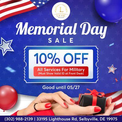 MEMORIAL DAY SALE 
10% OFF All Services for Military (with valid ID)
Good until 05/27