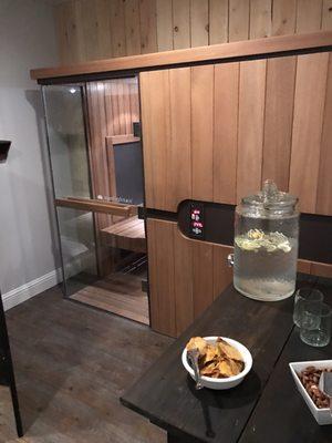 Infrared sauna looks state of the art. Chilled cucumber water and sliced mangos, what? You sure this isn't a retreat!