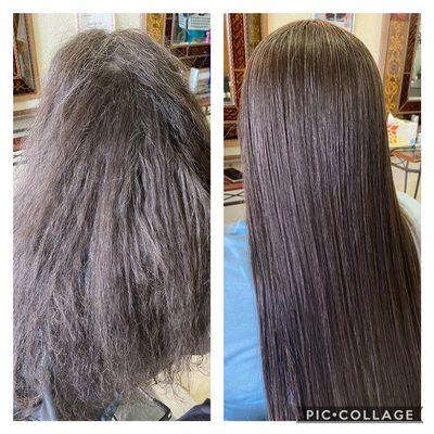 Before & after Japanese straightening at Cleo beauty salon