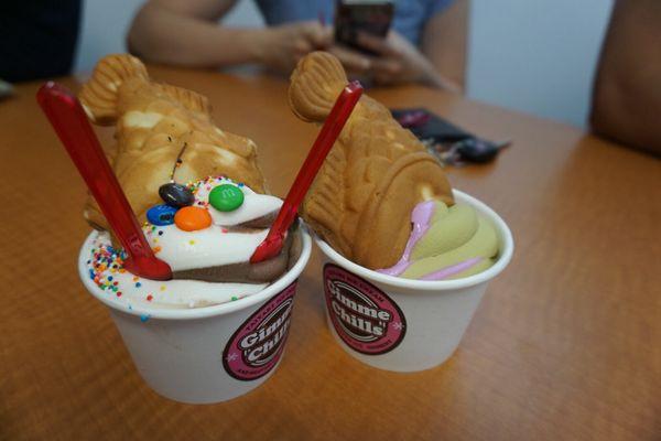 Nutella Taiyaki w choco-vanilla Swirl and Azuki Taiyaki w ube-green tea swirl soft serve