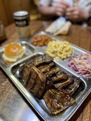 Kalbi Shortrib Plate with beans, mac & cheese, and cole slaw.