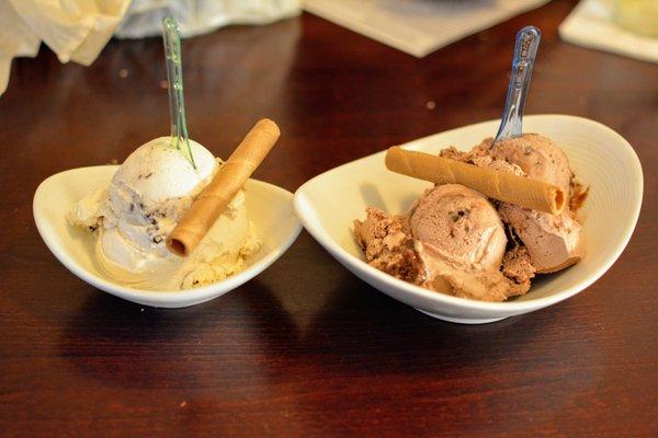 Gelato from the gelato bar. Death by chocolate on the right and Peanut Butter Oreo on the left