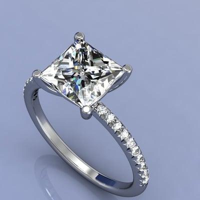 Princess cut engagement ring with micro pave'd diamonds on band