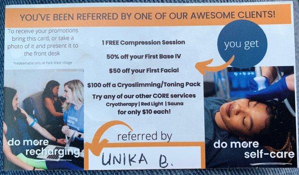 Mention Unika B. and show this card for 1 FREE compression