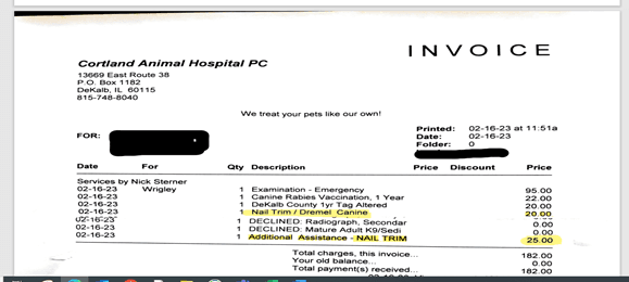 Cortland Animal Hospital Invoice