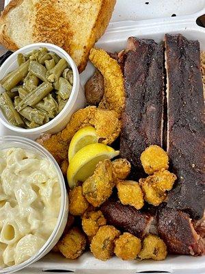 3 choice meat ribs, pulled pork, catfish, Texas toast, green beans, Mac & cheese, and a side of okra