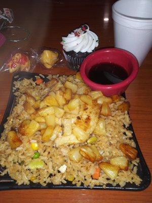 Teriyaki fish light portion is only $6.99. Plenty to eat but no leftovers. The cupcake is from Joe's birthday party.