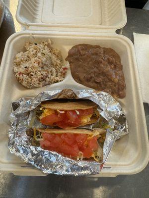 Tacos Especial with Shredded beef with Spanish Rice and Refried beans