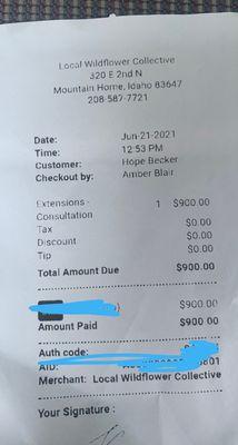 The receipt for the 1 bundle of hair she gave me. It was paid for 9 while days before my appointment