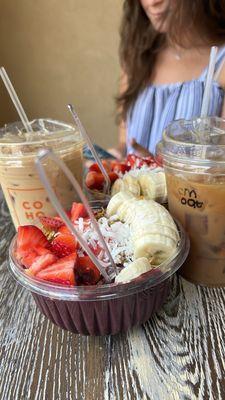 Acai Bowl, iced Caramel Macchiato (left; whole milk, right; oat milk)