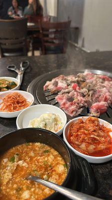 Spicy tofu, beef belly, kimchi