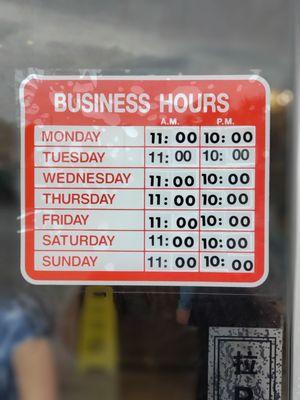 Business Hours as of 11.28.2020