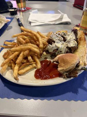 Swiss Beef sandwich with beer battered fries.