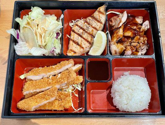 Happy Bento Box with Salmon Shioyaki, Chicken Teriyaki, and Chicken Katsu