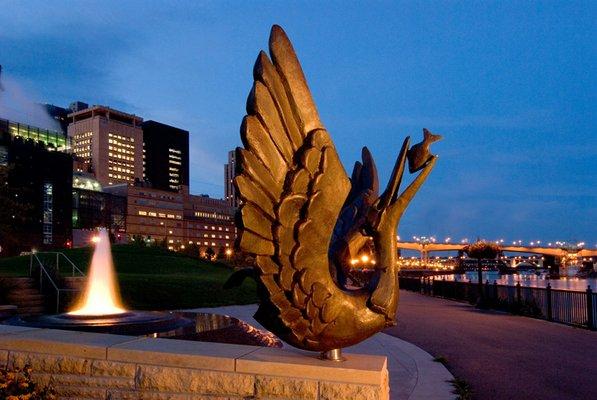 Mississippi Guardian Birds cast bronze one of four with four fountains in Upper landing Park Saint Paul MN