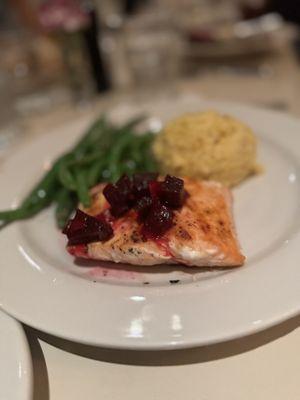 Grilled Salmon* 28 roasted beet relish, creamy grits, green beans