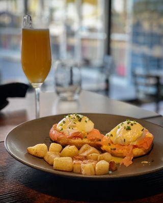 Brunch every Saturday &Sunday. Eggs Royal on a pastry puff with poached eggs and smoked salmon