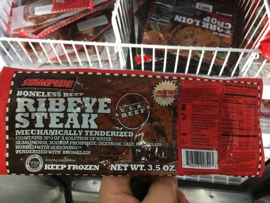 One of the odder finds at the Dollar Tree: A 3.5oz ribeye steak...filled with a 30% solution of "stuff".