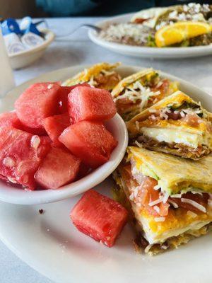 Breakfast quesadilla with fruit! Very delicious!